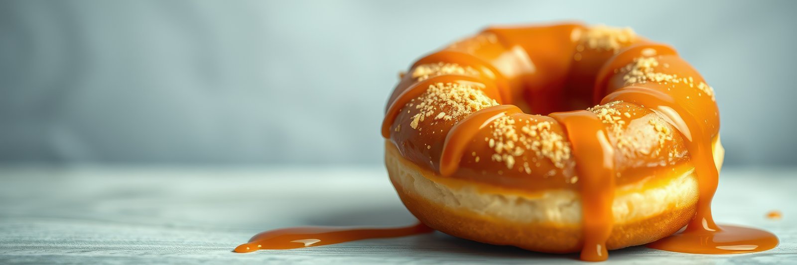 Delicious caramel donut topped with crumbs and drizzled sauce on a light background